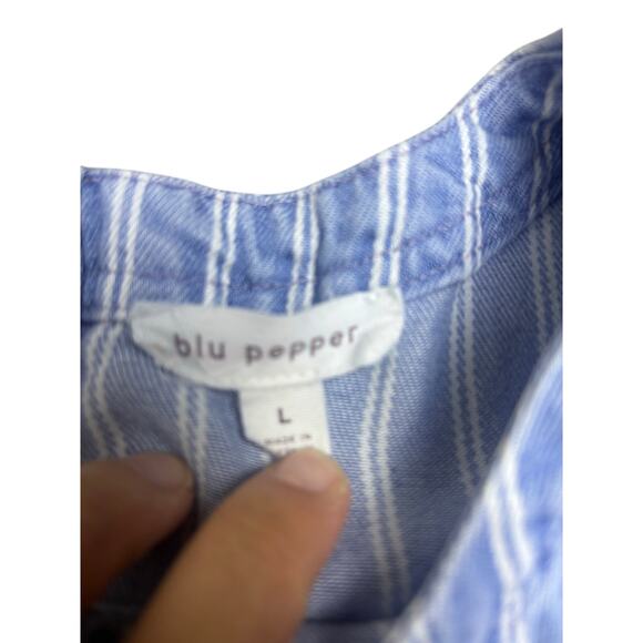 Blu Pepper Blue White Striped Button Back Dress L Short Sleeve Casual Shift - Picture 2 of 6